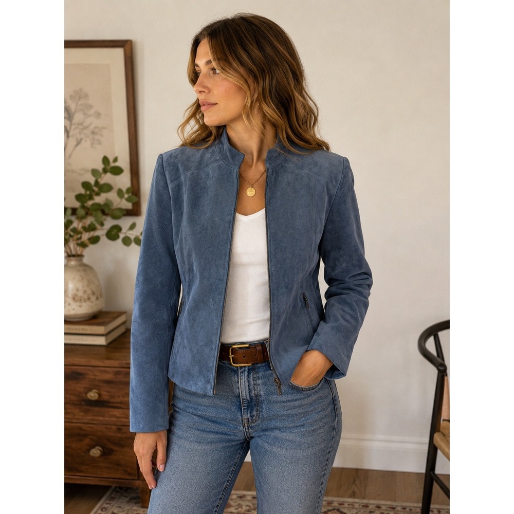Valerie Stevens Blue Suede Leather Jacket Women's S Minimalist 90s Zip Front